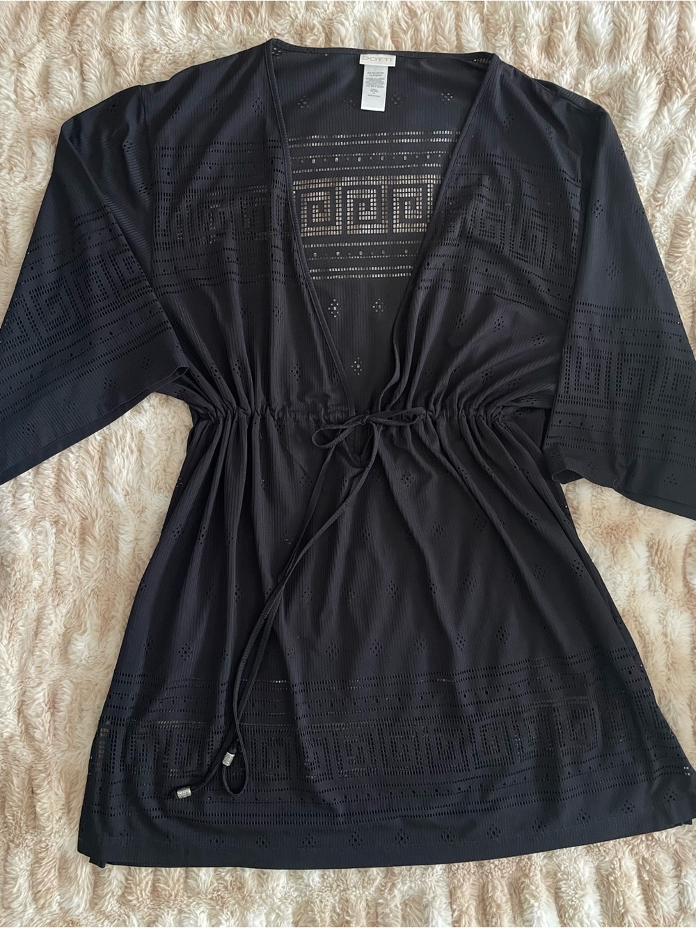 Dotti Black Kimono Sleeve Drawstring Waist Swim Cover-up Black Size XL